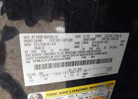 2022 Ford Expedition Xlt из США, поврежденный, VIN 1FMJU1JT5NEA67366